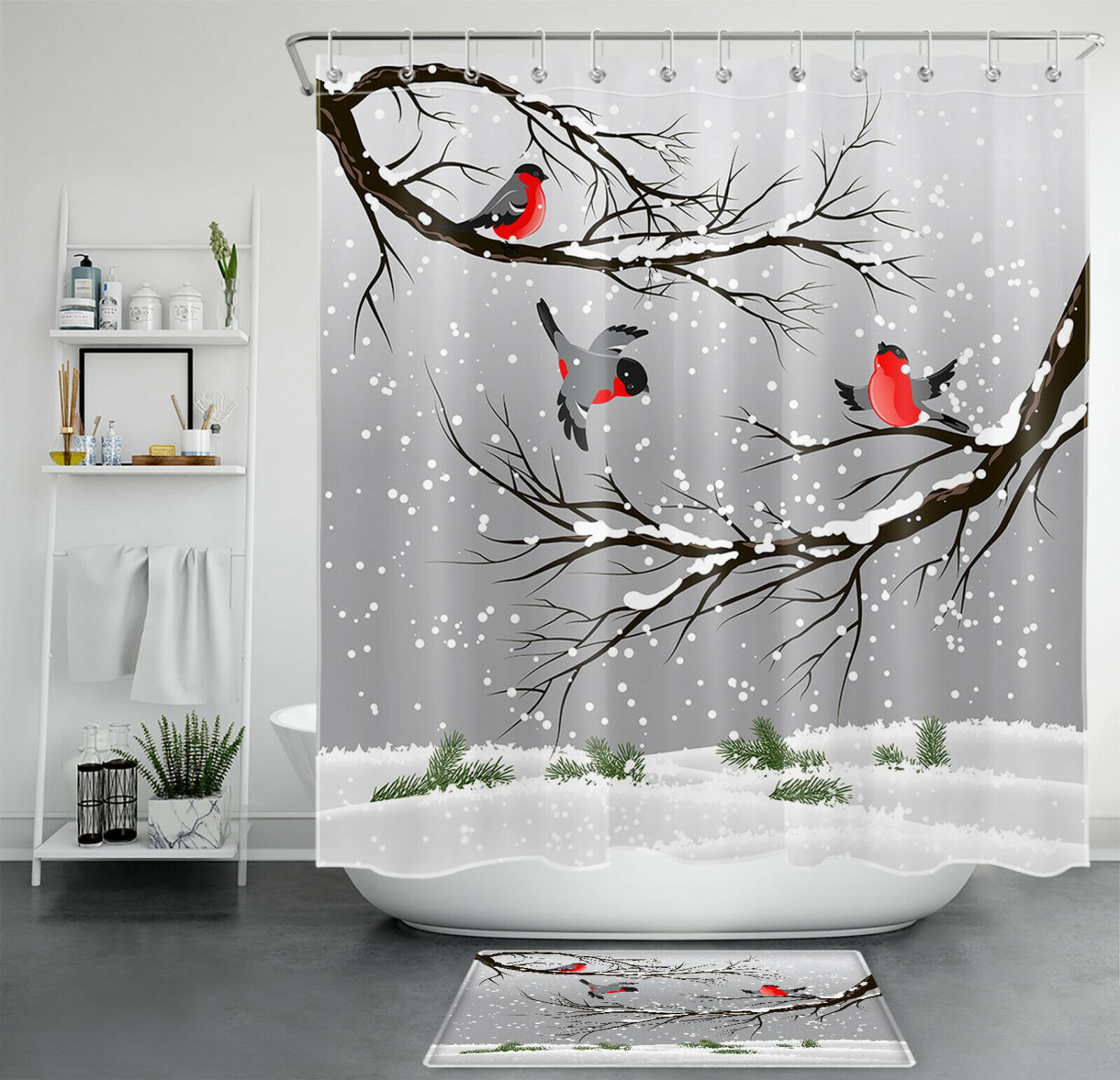 Winter Cardinals Shower Curtain - Dead Branches And Snowflakes Bathroom Decor