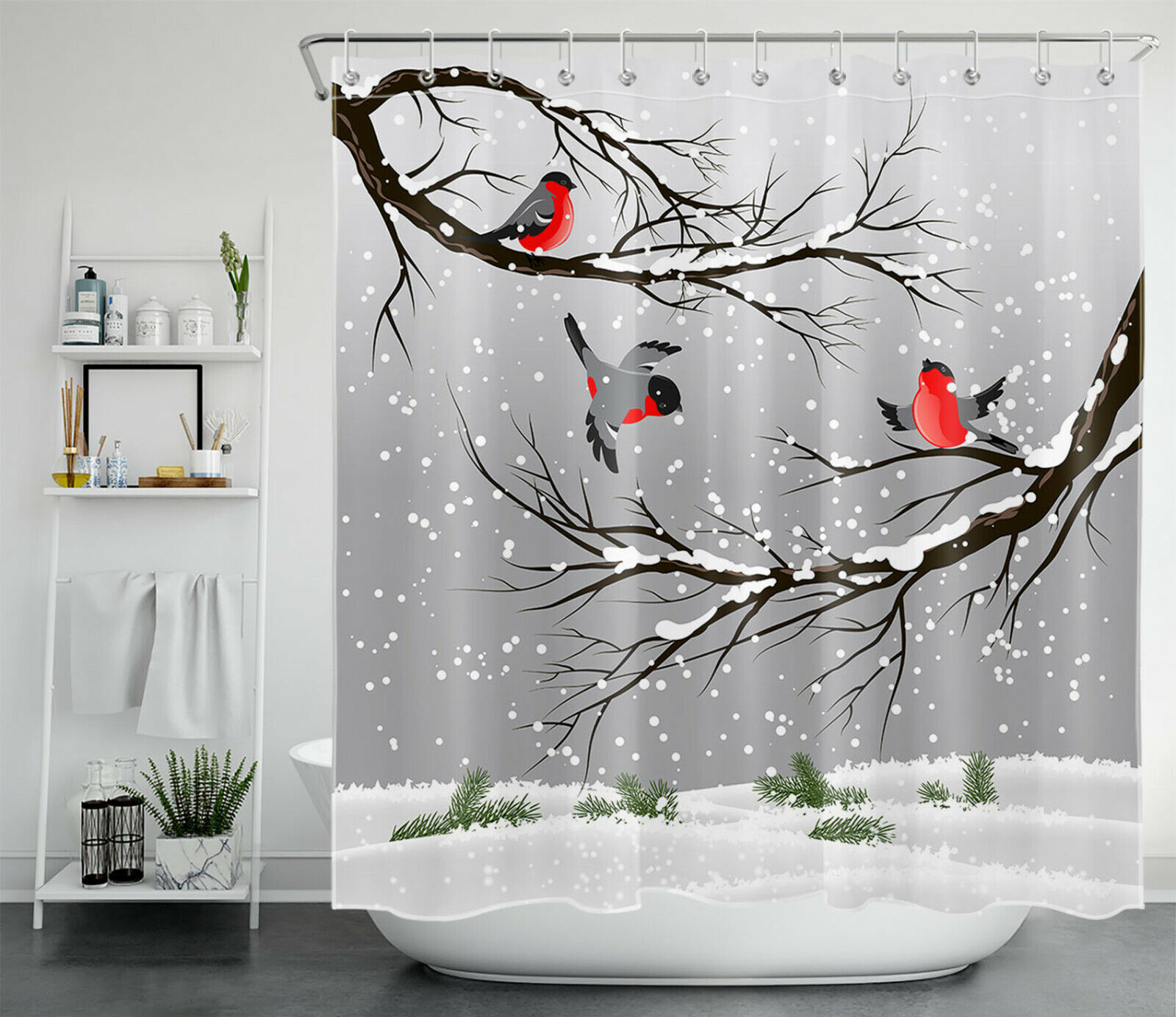 Winter Cardinals Shower Curtain - Dead Branches And Snowflakes Bathroom Decor - Image 2