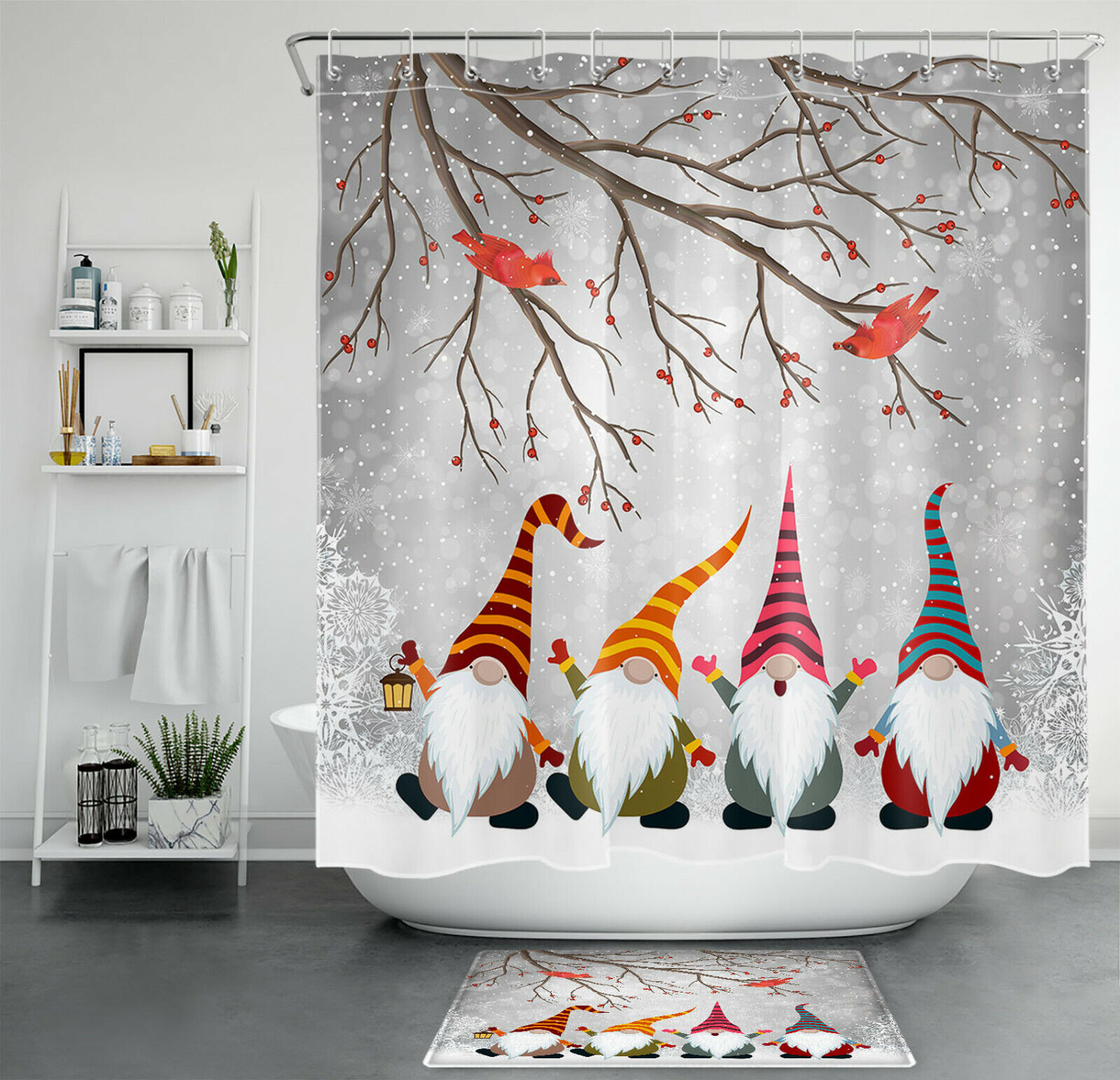 Winter Christmas Cardinals Gnomes Shower Curtain Funny Bathroom Accessories