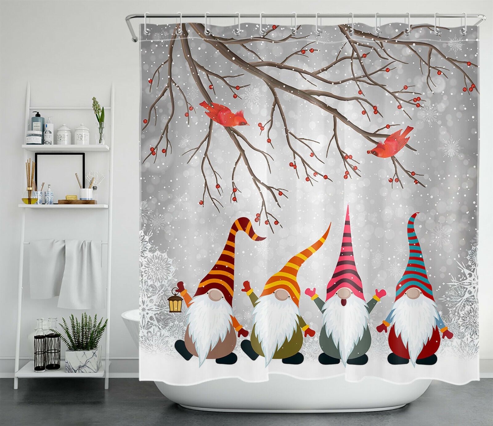 Winter Christmas Cardinals Gnomes Shower Curtain Funny Bathroom Accessories