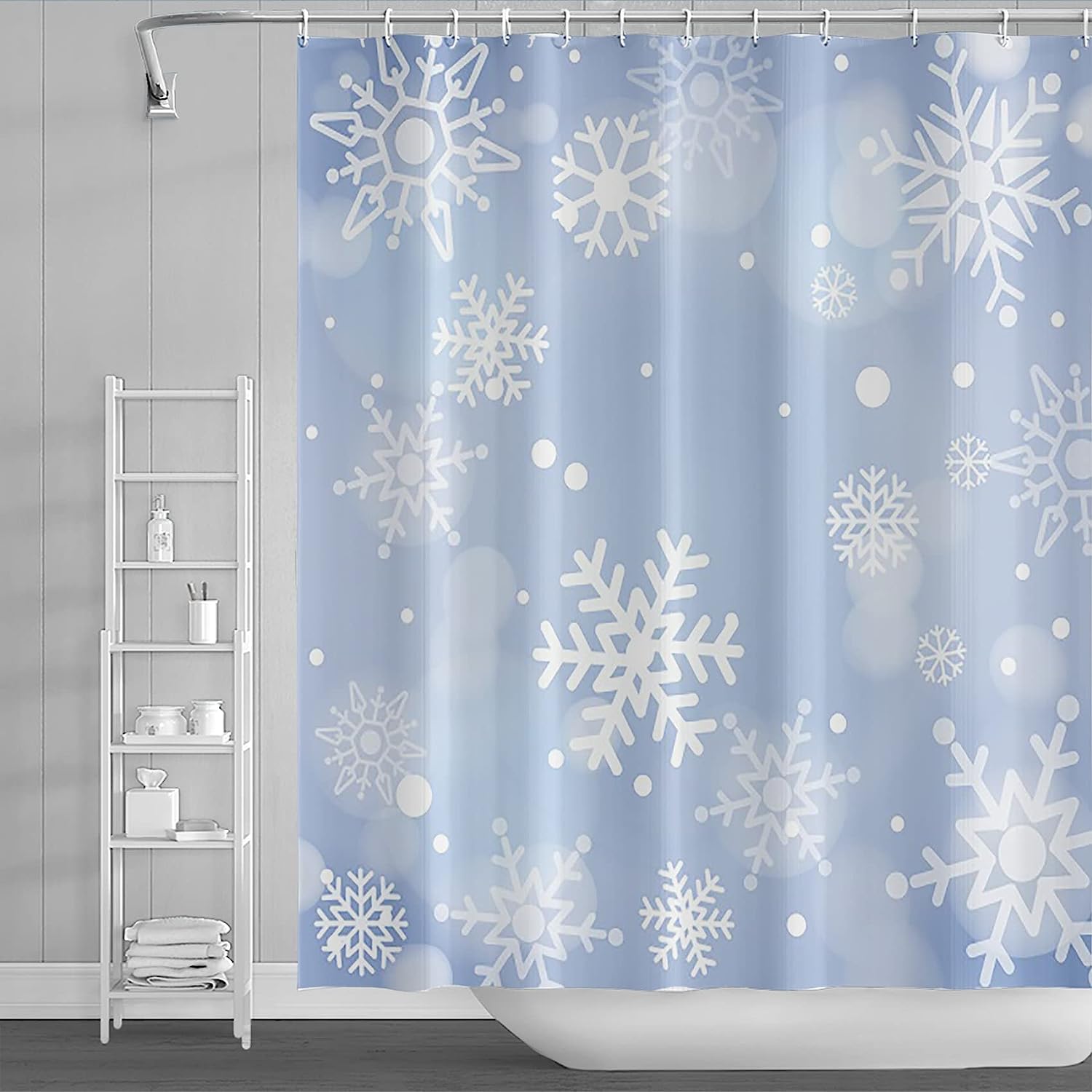 Winter Christmas Holiday Sparkle Snow Shower Curtain With Blue Snowflake Scene