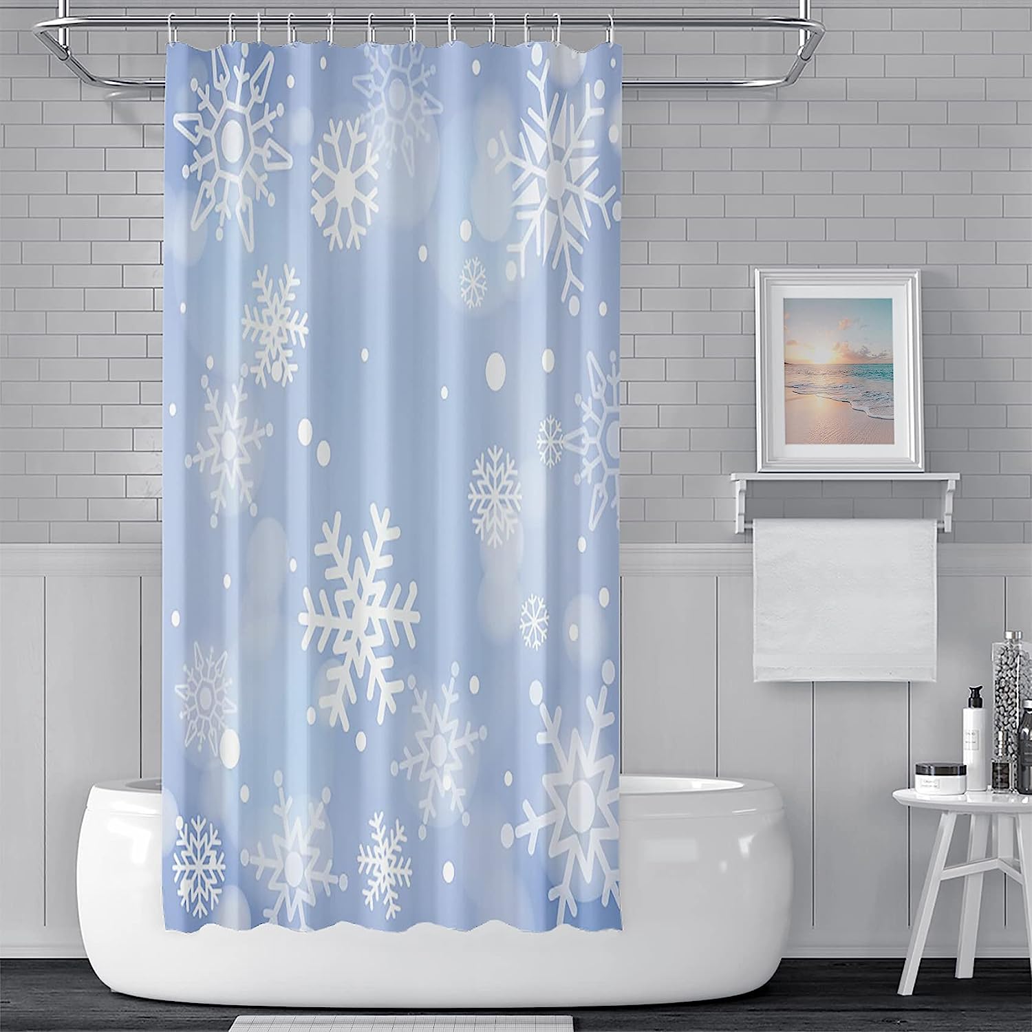 Winter Christmas Holiday Sparkle Snow Shower Curtain With Blue Snowflake Scene - Image 2