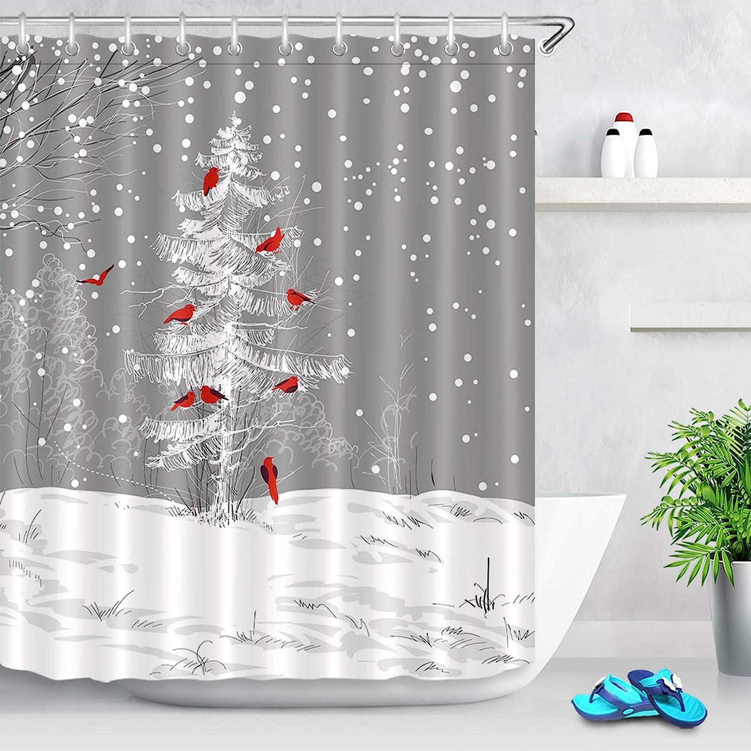 Winter Christmas Shower Curtain - LB Cardinals Bird on Snowy Christmas Tree Snowflakes Funny Year Bathroom Decor