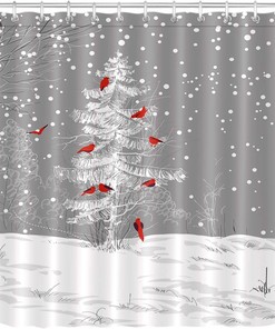 Winter Christmas Shower Curtain - LB Cardinals Bird on Snowy Christmas Tree Snowflakes Funny Year Bathroom Decor