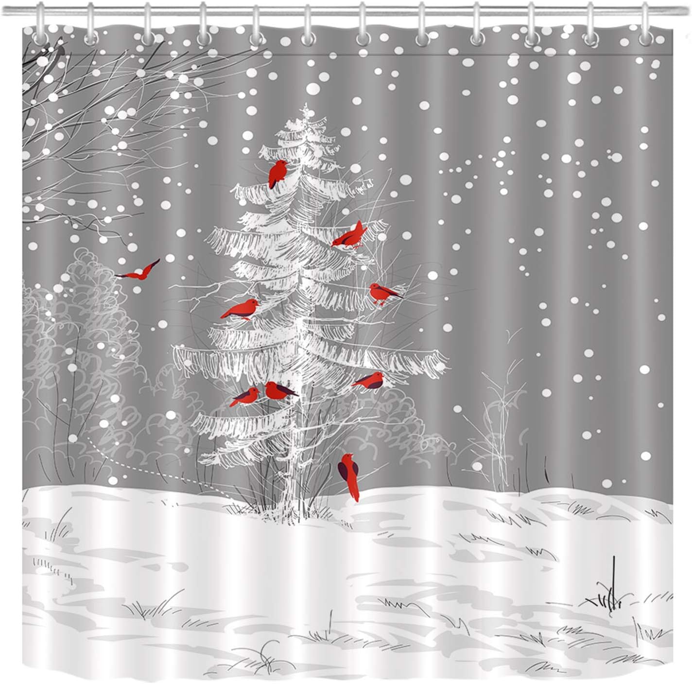 Winter Christmas Shower Curtain - LB Cardinals Bird on Snowy Christmas Tree Snowflakes Funny Year Bathroom Decor