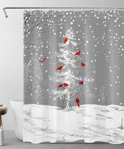 Winter Christmas Shower Curtain - LB Cardinals Bird on Snowy Christmas Tree Snowflakes Funny Year Bathroom Decor