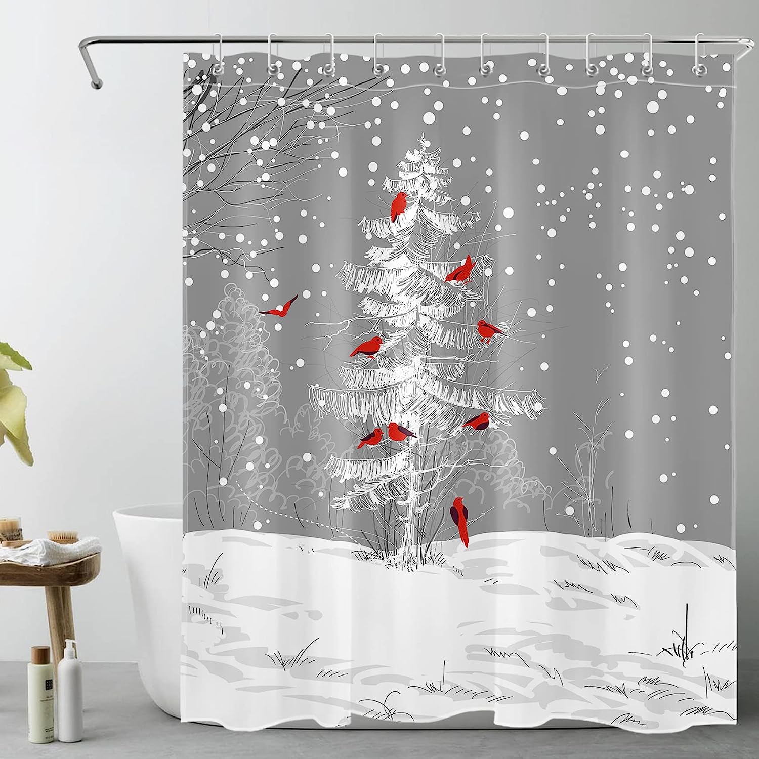 Winter Christmas Shower Curtain - LB Cardinals Bird on Snowy Christmas Tree Snowflakes Funny Year Bathroom Decor