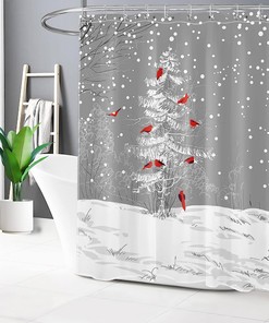 Winter Christmas Shower Curtain - LB Cardinals Bird on Snowy Christmas Tree Snowflakes Funny Year Bathroom Decor