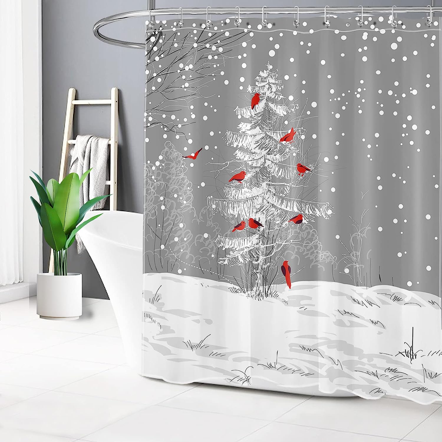 Winter Christmas Shower Curtain - LB Cardinals Bird on Snowy Christmas Tree Snowflakes Funny Year Bathroom Decor