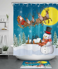 Winter Christmas Shower Curtain - Santa Elk Sleigh Bathroom Decor