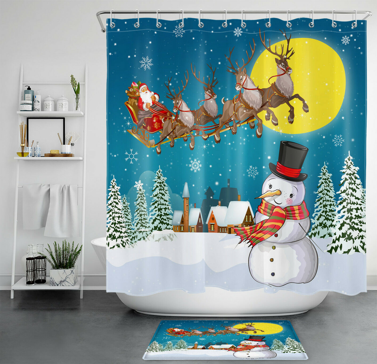 Winter Christmas Shower Curtain - Santa Elk Sleigh Bathroom Decor