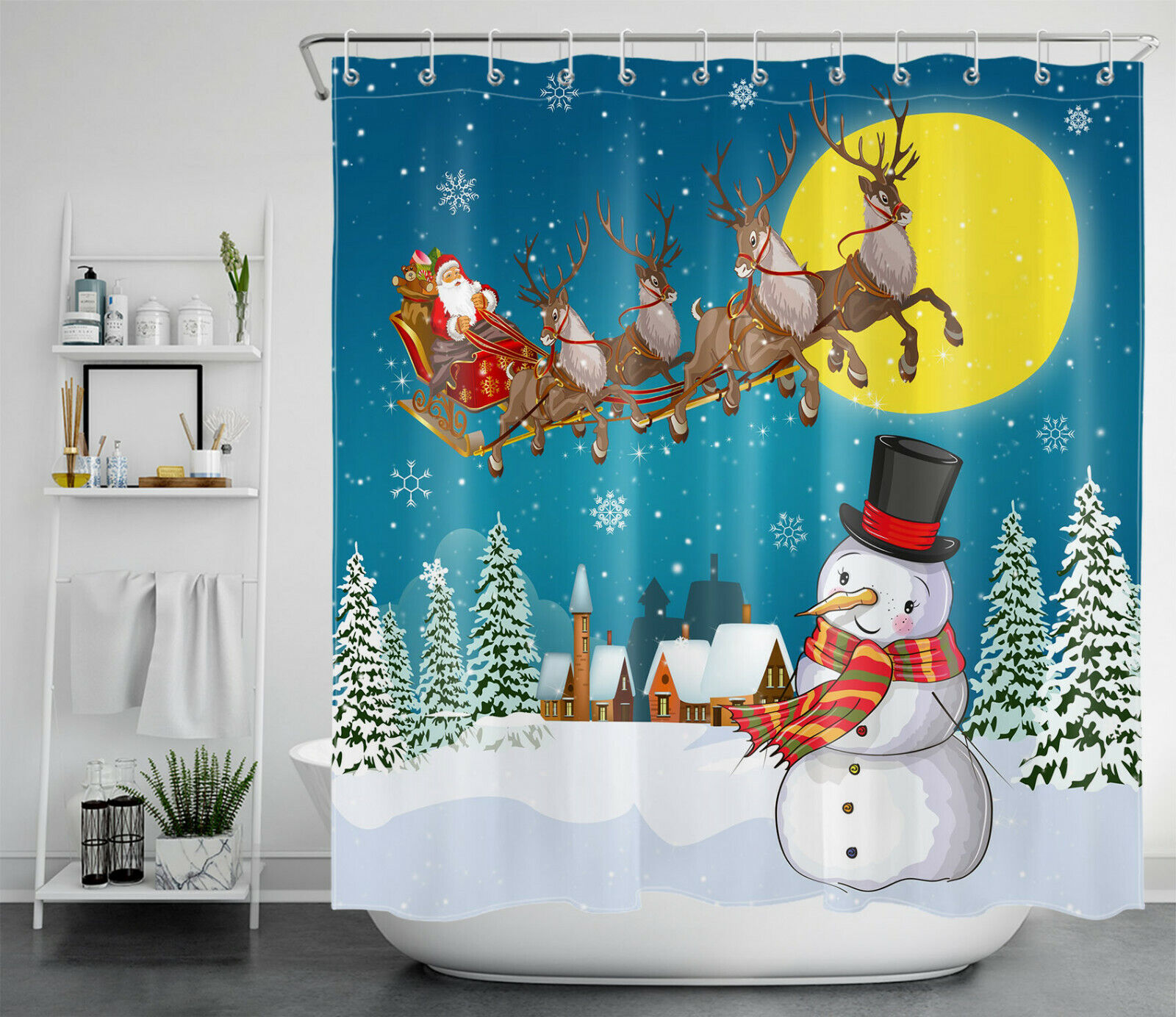 Winter Christmas Shower Curtain - Santa Elk Sleigh Bathroom Decor - Image 2