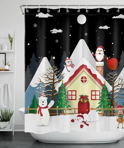 Winter Christmas Tree Moon Bathroom Accessory Santa Snowman Shower Curtain- Get Your Bathroom in the Festive Spirit