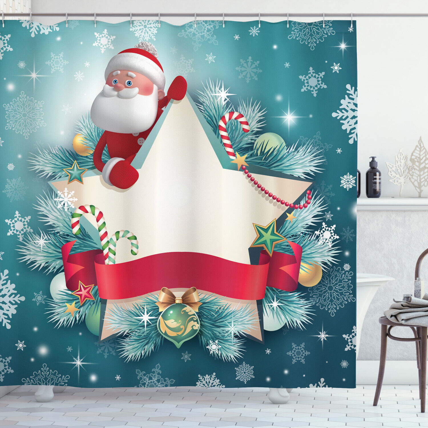 Winter Day Snowflake Print Fabric Shower Curtain For Holiday-Themed Bathroom Decor