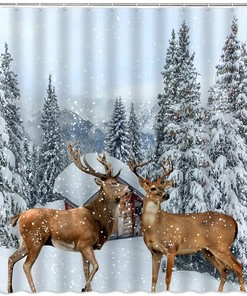 Winter Deer Pine Tree Elk Wildlife Shower Curtain For Rustic Bathroom Decor