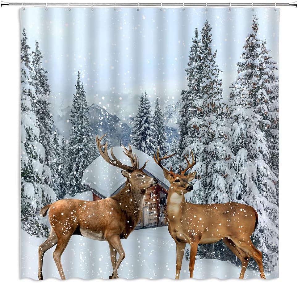 Winter Deer Pine Tree Elk Wildlife Shower Curtain For Rustic Bathroom Decor