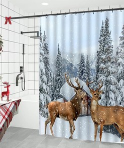Winter Deer Pine Tree Elk Wildlife Shower Curtain For Rustic Bathroom Decor