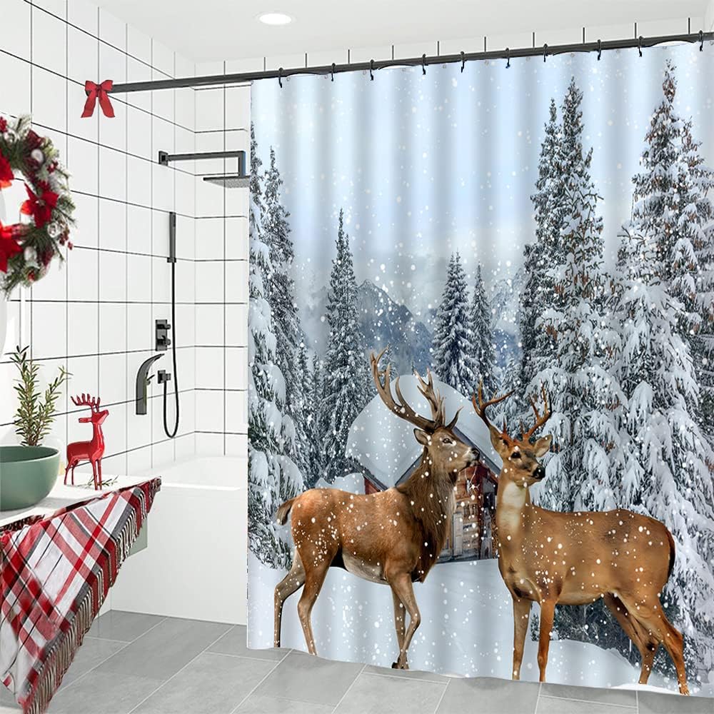 Winter Deer Pine Tree Elk Wildlife Shower Curtain For Rustic Bathroom Decor