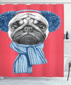 Winter Earmuffs Pug Dog Shower Curtain, Charming Bathroom Print
