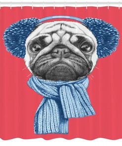 Winter Earmuffs Pug Dog Shower Curtain, Charming Bathroom Print