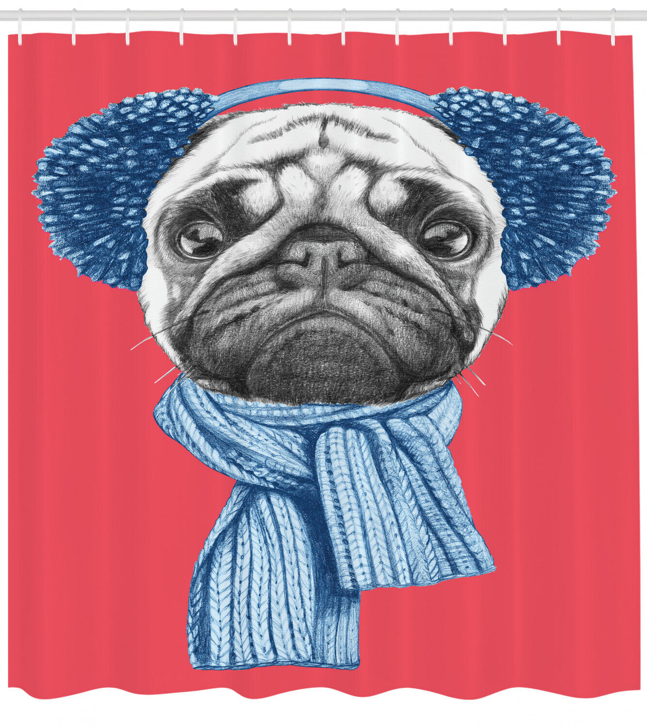Winter Earmuffs Pug Dog Shower Curtain, Charming Bathroom Print