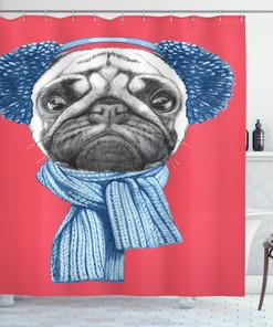 Winter Earmuffs Pug Dog Shower Curtain, Charming Bathroom Print