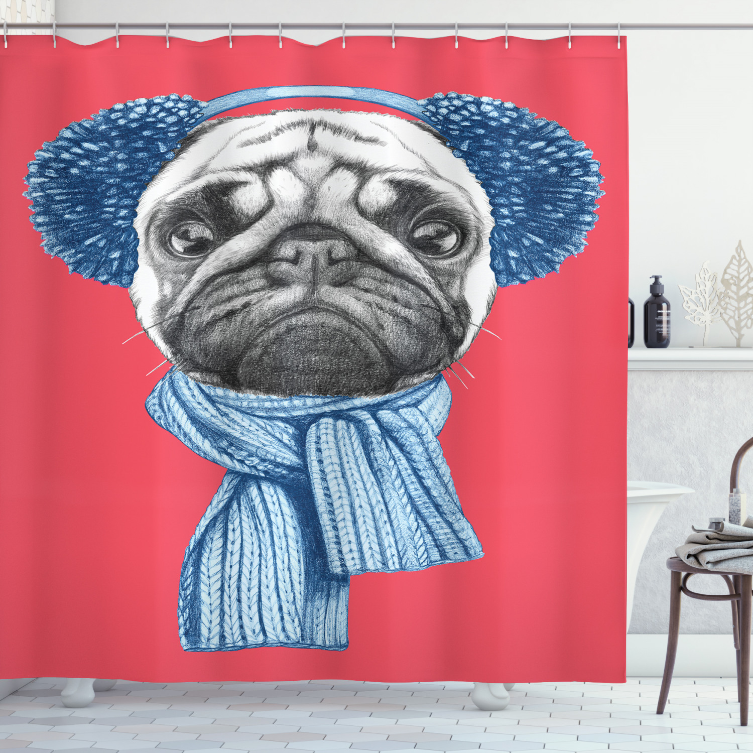 Winter Earmuffs Pug Dog Shower Curtain, Charming Bathroom Print