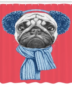 Winter Earmuffs Pug Dog Shower Curtain, Charming Bathroom Print
