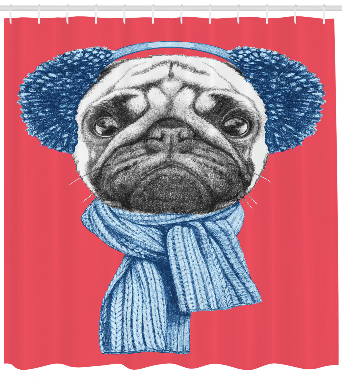 Winter Earmuffs Pug Dog Shower Curtain, Charming Bathroom Print