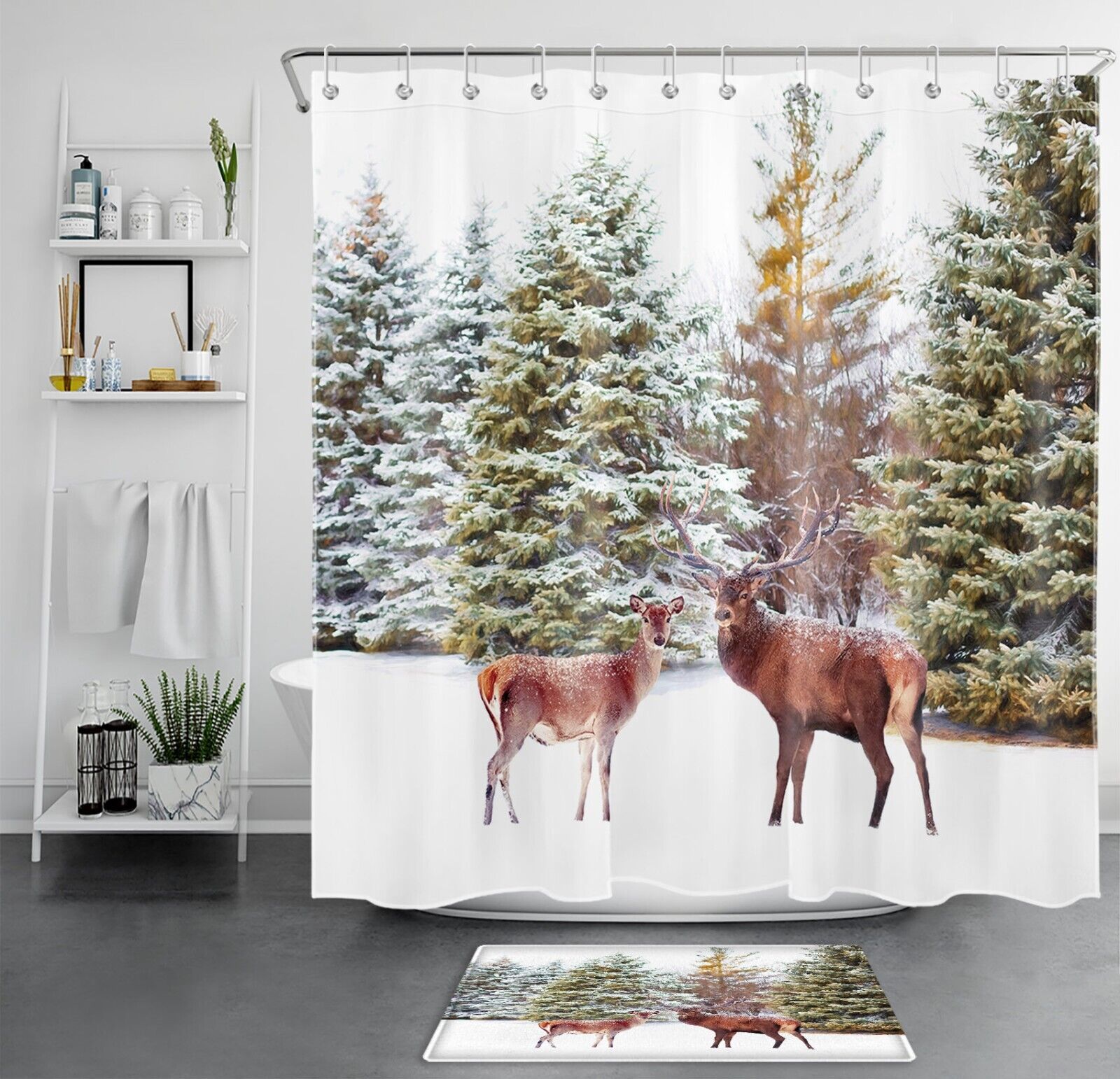 Winter Forest Animal Elk Shower Curtain for Bathroom Decor
