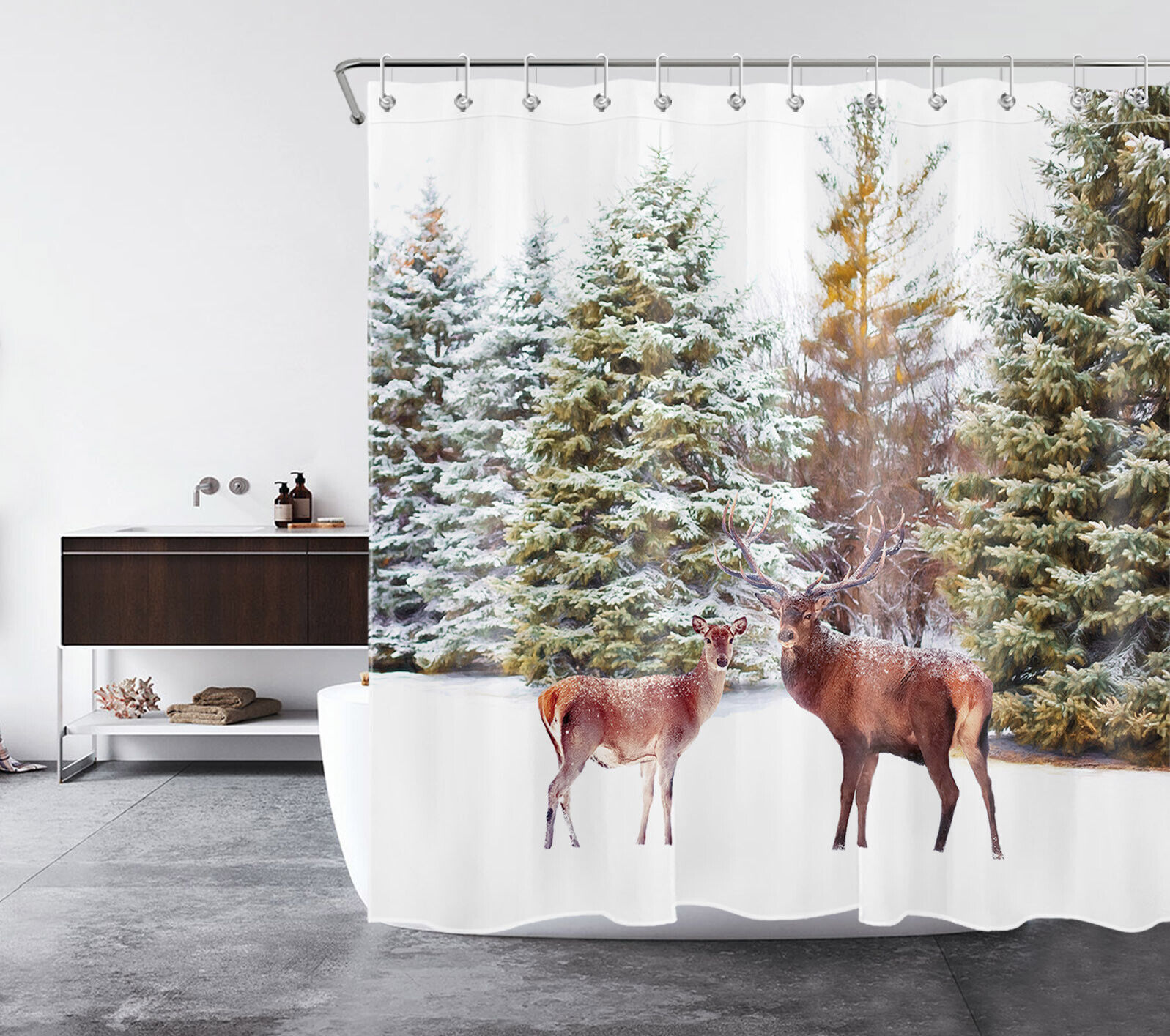 Winter Forest Animal Elk Shower Curtain for Bathroom Decor
