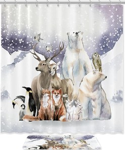 Winter Forest Animal Shower Curtain with Bear, Fox, and Penguin