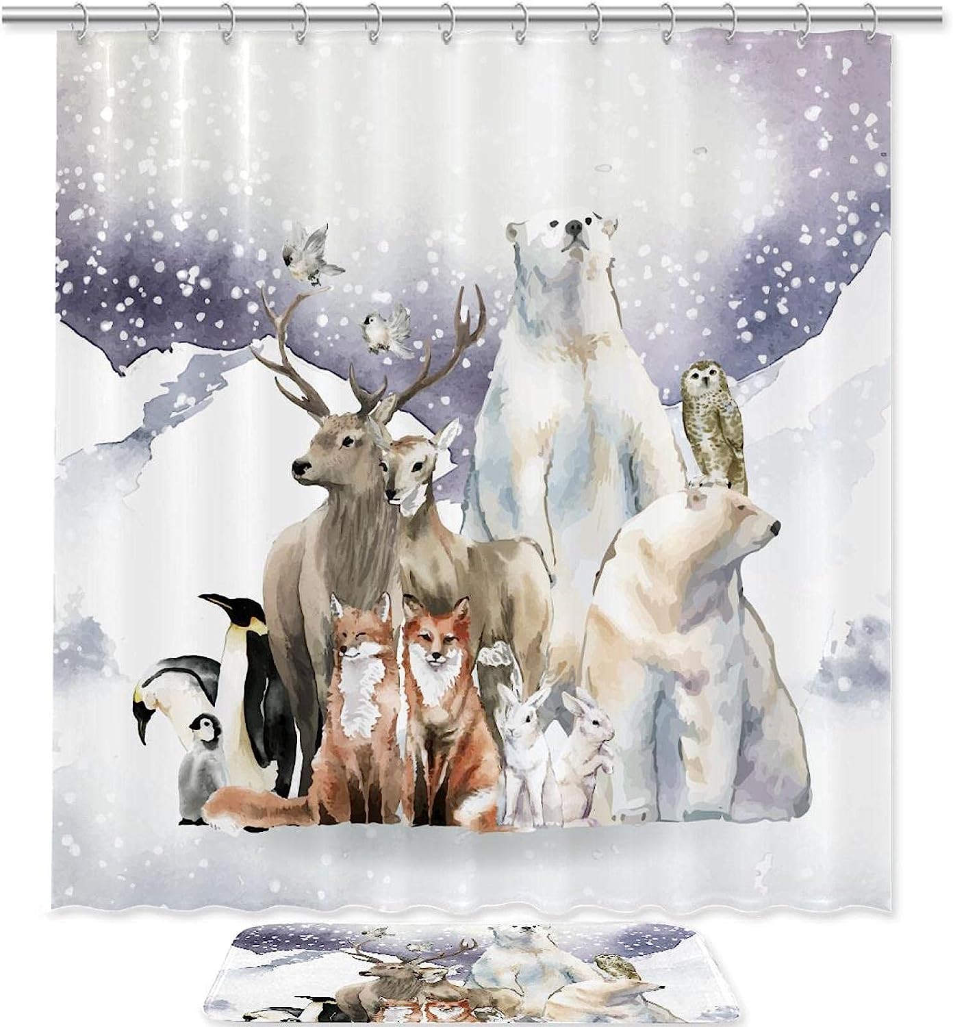 Winter Forest Animal Shower Curtain with Bear, Fox, and Penguin