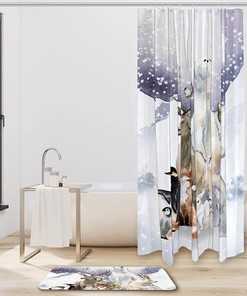 Winter Forest Animal Shower Curtain with Bear, Fox, and Penguin