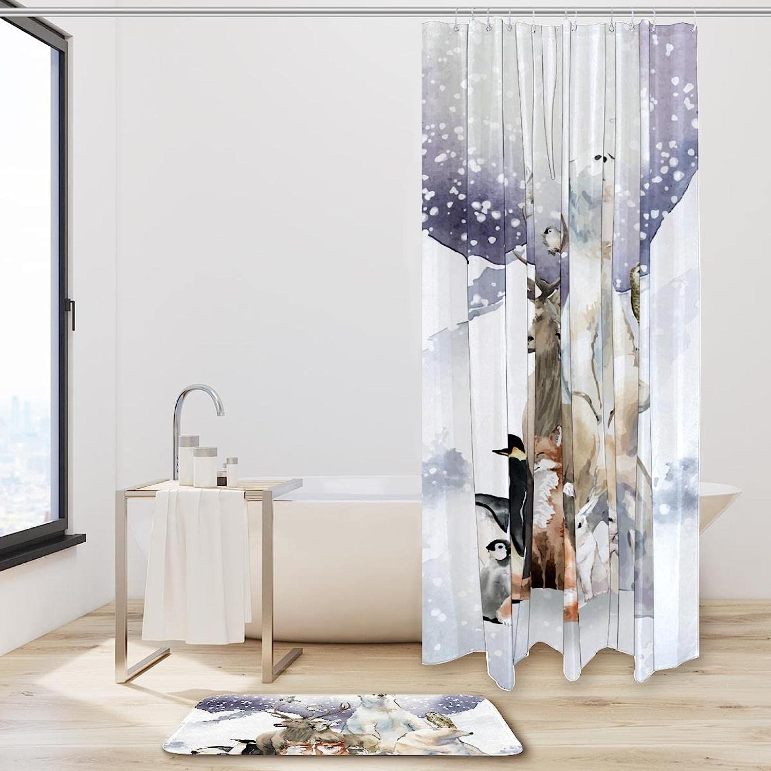 Winter Forest Animal Shower Curtain with Bear, Fox, and Penguin