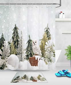 Winter Forest Landscape Owl Shower Curtain for Christmas Bathroom Decor