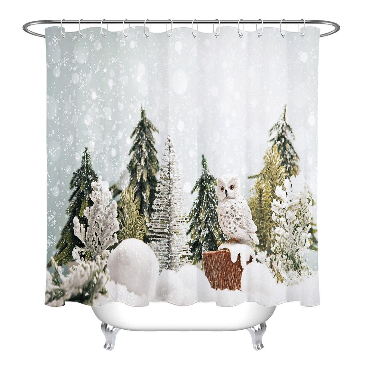 Winter Forest Landscape Owl Shower Curtain for Christmas Bathroom Decor