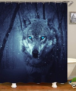 Winter Forest Landscape Wild Animal Theme Wolf Shower Curtain, Rustic Bathroom Decor