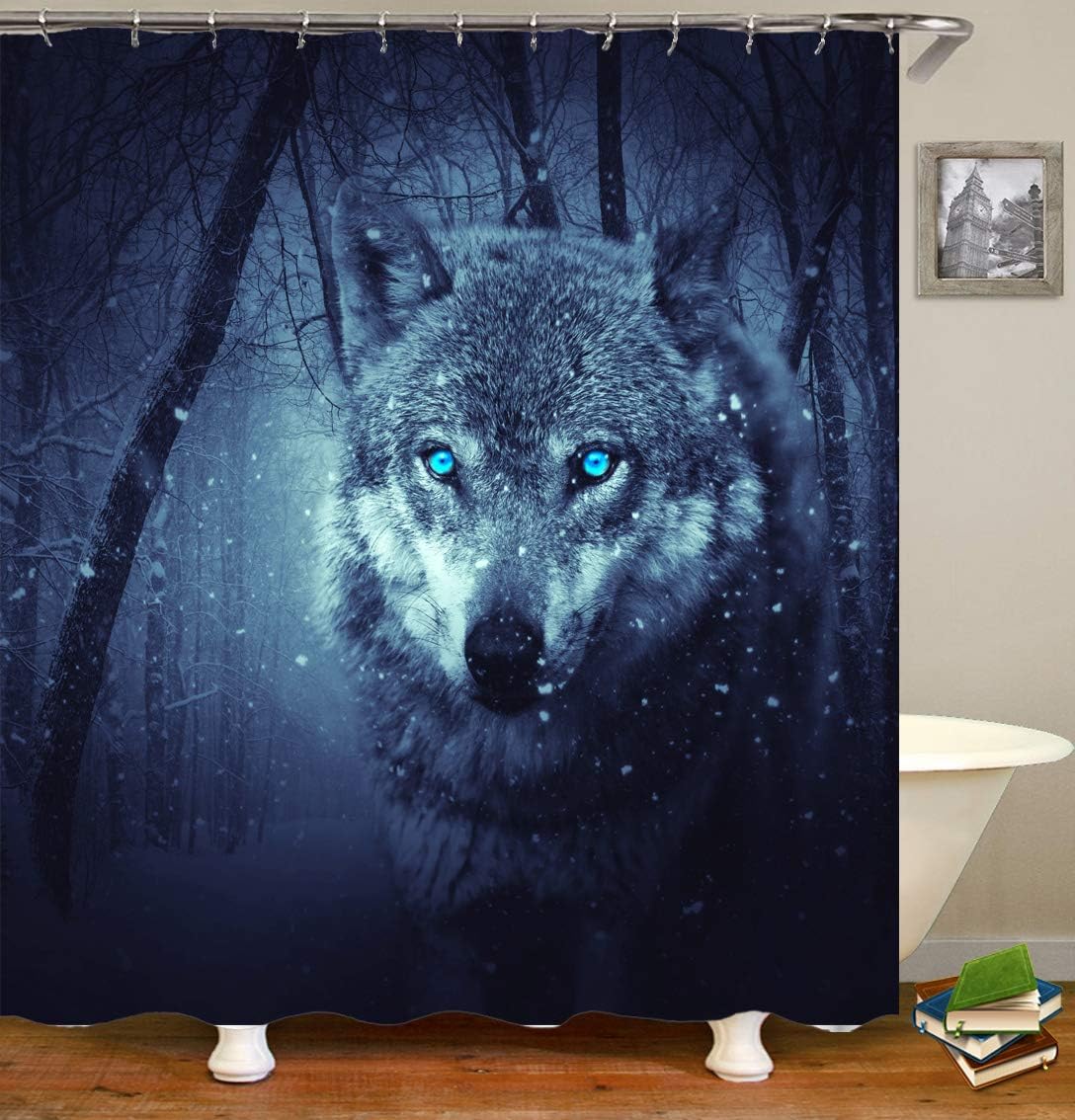 Winter Forest Landscape Wild Animal Theme Wolf Shower Curtain, Rustic Bathroom Decor