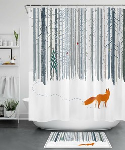 Winter Forest Scene Shower Curtain With Cardinal And Fox Print