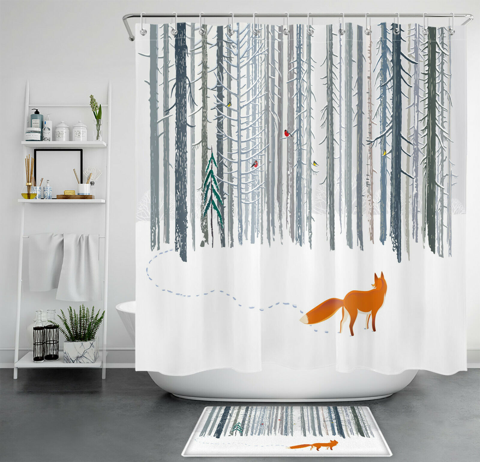 Winter Forest Scene Shower Curtain With Cardinal And Fox Print