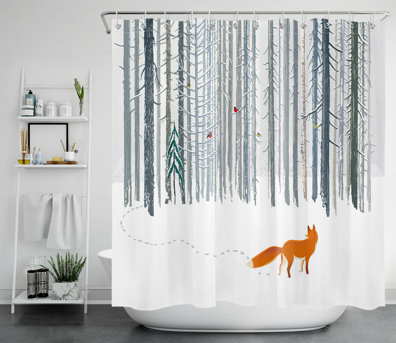 Winter Forest Scene Shower Curtain With Cardinal And Fox Print - Image 2