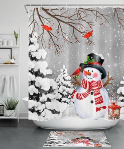 Winter Forest Snowman Shower Curtain With Cardinals And Snowflakes