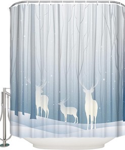 Winter Forest Woods Wild Animals White Deer Elk Trees Shower Curtain