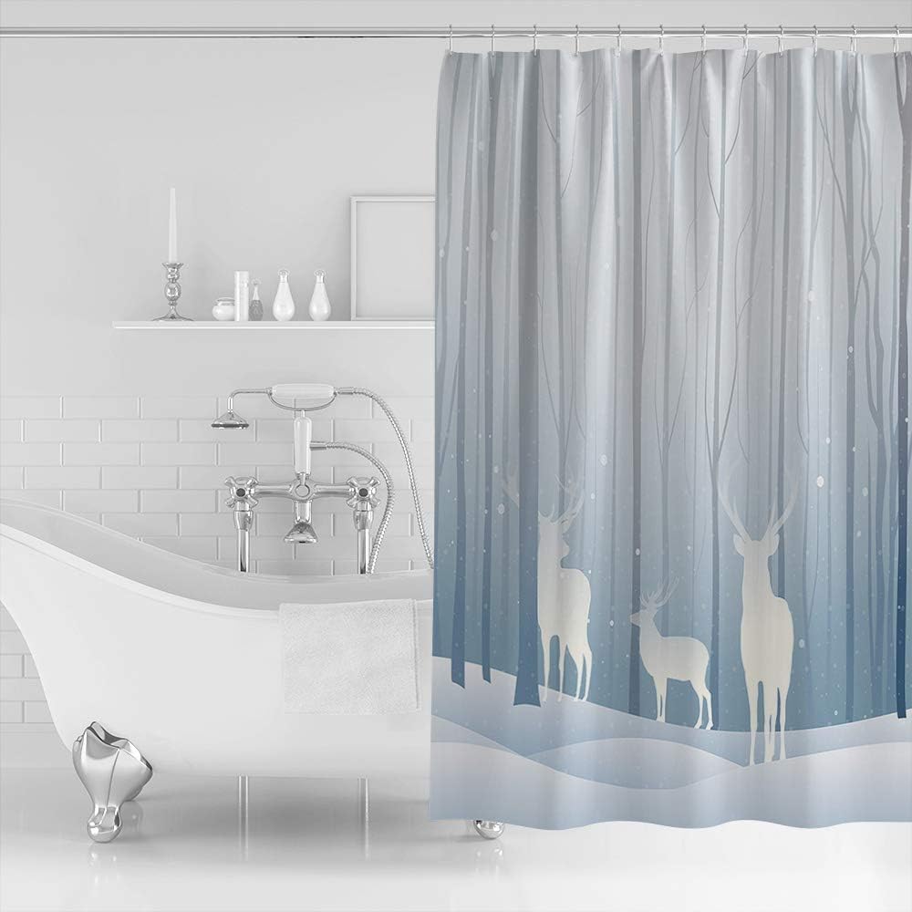 Winter Forest Woods Wild Animals White Deer Elk Trees Shower Curtain