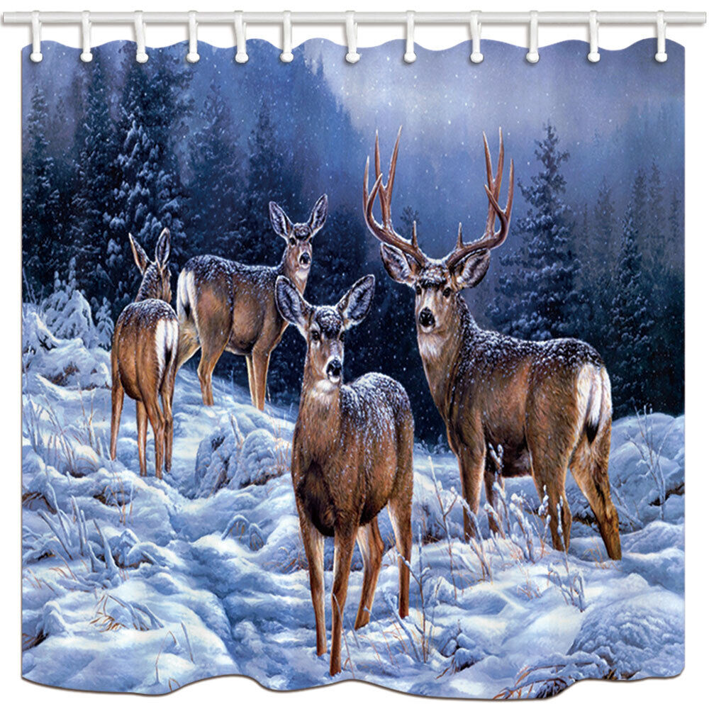 Winter Forests Shower Curtain With Snow, Deer, And Elk - A Stunning Addition To Your Bathroom Decor