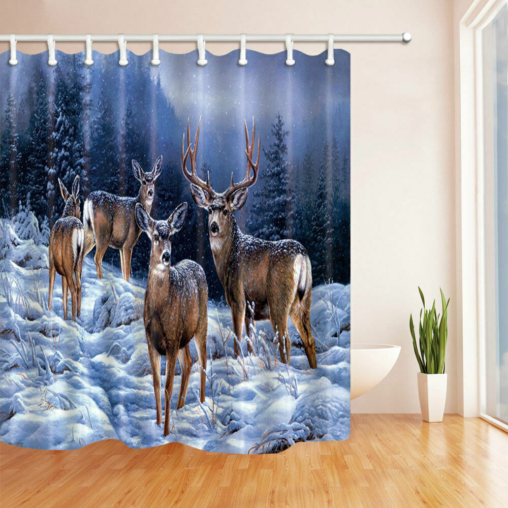 Winter Forests Shower Curtain With Snow, Deer, And Elk - A Stunning Addition To Your Bathroom Decor