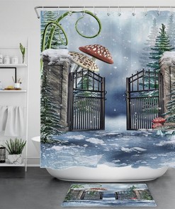 Winter Garden Mushrooms Christmas Shower Curtain - Waterproof Fabric Bathroom Decor