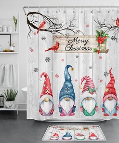 Winter Gnome Shower Curtain Rustic Board Snowflake Bathroom Decorations