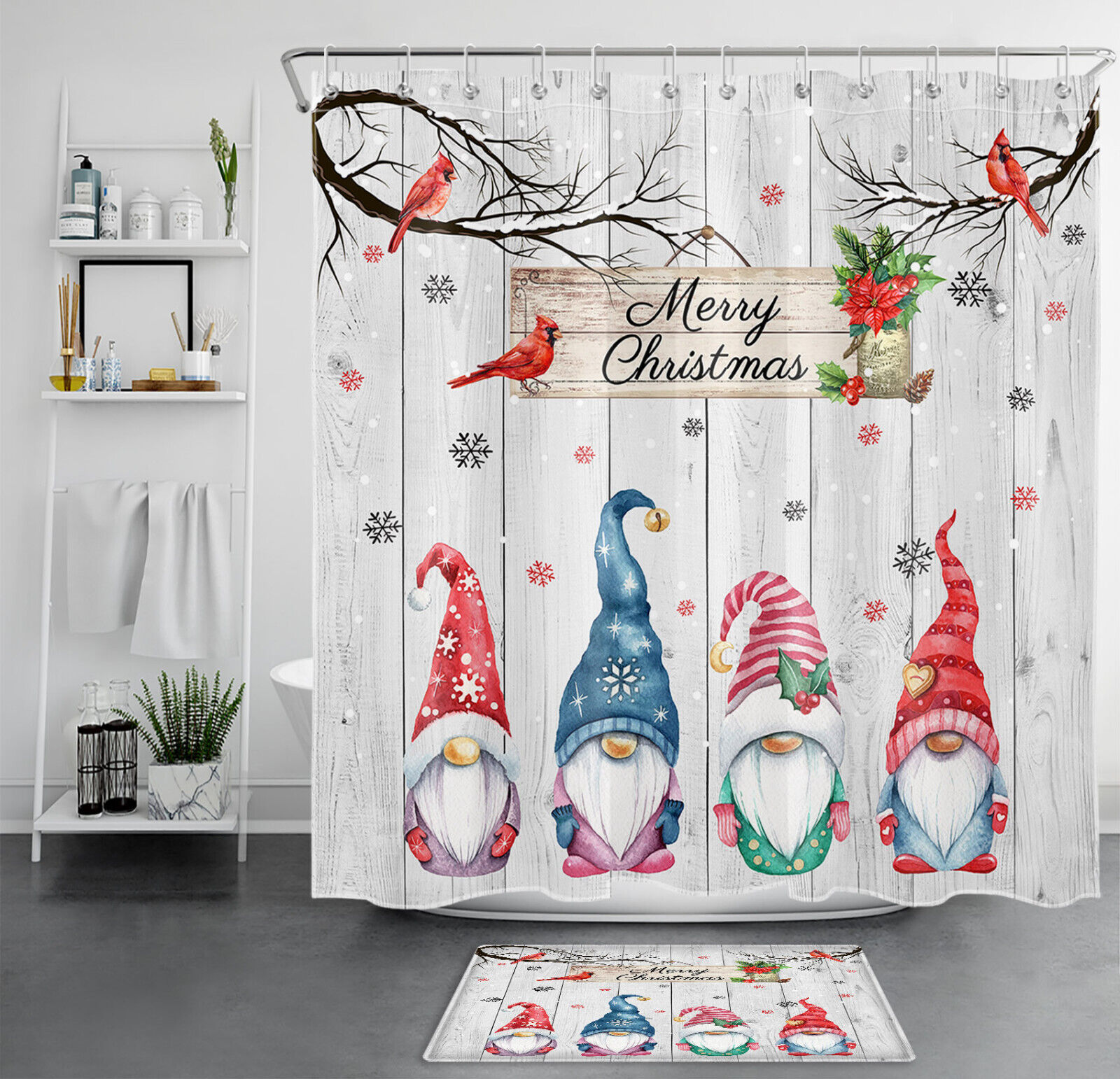Winter Gnome Shower Curtain Rustic Board Snowflake Bathroom Decorations
